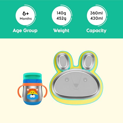 Image of rabitat Happy Tummy Combo Stainless Steel 360 Training Cup Big Cat 390ml and Hoppy Playte Yellow 430ml 3-Sectional Plate for Toddlers & Kids |2 Year Brand Warranty