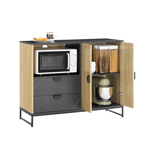 SoBuy aparador de cocina y salón – mueble auxiliar de cocina con hueco para microondas (Ø6 cm) y portacopas, puerta con lamas, estante regulable patas metálicas altas roble/negro 107×40×85 cm FSB103-N