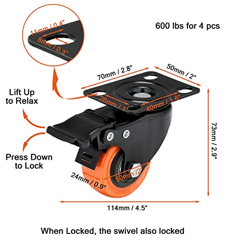 2 Charger les roues de roulette de pouce 600 Lbs, Roulettes en polyuréthane orange, Roues pivotantes de la plaque supérieure, Roulette 4, Roulettes de verrouillage pour meubles et travail,4 Roulettes avec frein