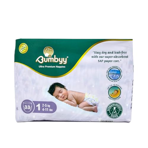 Bumbyy Pañales prémium para recién nacidos, talla 1 (2-5 kg/4-11 libras), sin productos químicos y dermatológicamente probados, pañales hipoalergénicos, suaves y delgados para la piel más sensible, 33