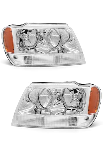 AXLAHA Headlight Assembly for 1999-2004 Jeep Grand Cherokee Compatible with 1999-2004 Jeep Grand Cherokee Chrome Housing Amber Reflectors Suitable for Both Driver and Passenger Sides