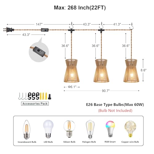 Image of 3 Lights Plug in Pendant Light with Cord On /Off Switch | Industrial Ceiling Hanging Lamp Cord Farmhouse Cable DIY