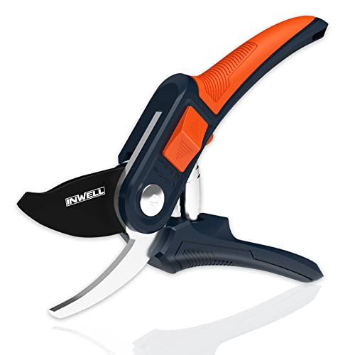 Inwell Bypass Pruning Shears with Teflon Coated, High-Carbon Steel Blades (SK5) – Heavy Duty – Home and Garden – 8” Pruner – 1” Max Adjustable Cutting Diameter