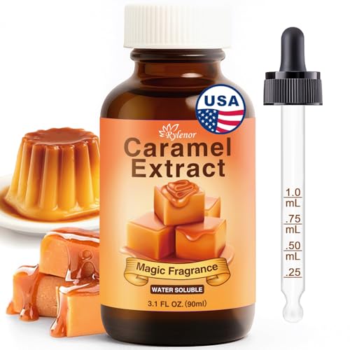 Rylenor 3 Oz Natural Caramel Extract for Baking, Pudding Cupcakes & Ice Cream, Water-Soluble Sugar-Free Concentrated Caramel Extract for Drinks, Coffee, Lattes, Includes Measured Dropper