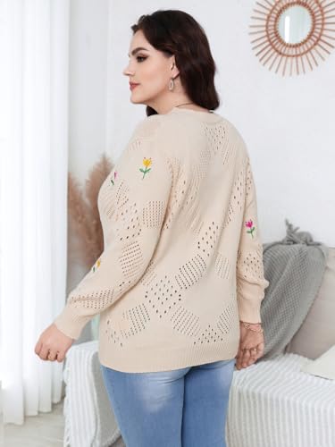 SHENHE Women's Plus Size Crochet Floral Embroidered Crew Neck Eyelet Knitted Cute Loose Sweater Pullover Top3