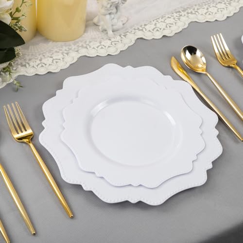 COLOSUS 60PCS White Plastic Plates for 30 guests-Fancy Plastic Beaded Plates,Disposable Christmas plastic plates,Include 30 PCS 10.5" Dinner Plates & 30PCS 8.25" Dessert-Platos for Christmas