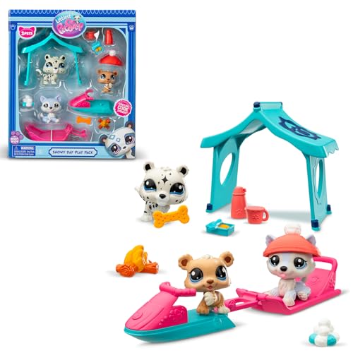 BANDAI Littlest Pet Shop Snow Day Set BF00534 inclui 3 animais de estimação, 3 acessórios, 1 cartão de colecionador, 1 código virtual, 1 mota de neve, 1 trenó, Geração 7 (#107, #108, #109), 4 anos+