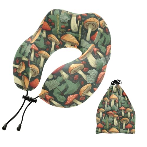 Image of ALAZA Mushrooms Green Leaves Travel Neck Pillow Memory Foam Neck Pillow with Storage Bag,Soft Travel Pillow for Sleeping Travel Airplane Car Office Home