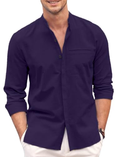 Image of Mens Casual Button Down Shirt | Cotton Luster Long Sleeves Shirts | Mandarin Collared Shirts