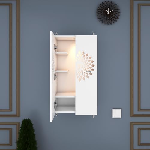 Image of Anikaa Engineered Wood Spirit LED Light Wall Temple Shelf Puja Stand Pooja Modern Designe Temple Mandir for Office & Home Decoration - White (D.I.Y - Do-It-Yourself)