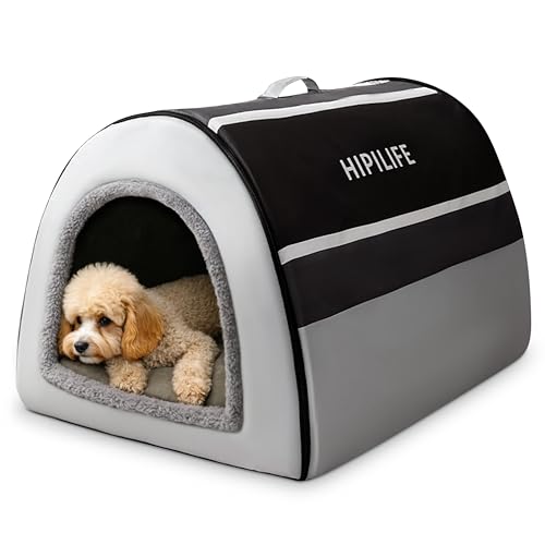 ALLSOPETS Letto per Cani 2-in-1 Pieghevole Auto-Riscaldante Tenda Caverna per Gatti e Cani di Piccola e Media Taglia Casa Portatile per Cane con Manici per Sonno Profondo (Grigio Scandinavo, M)
