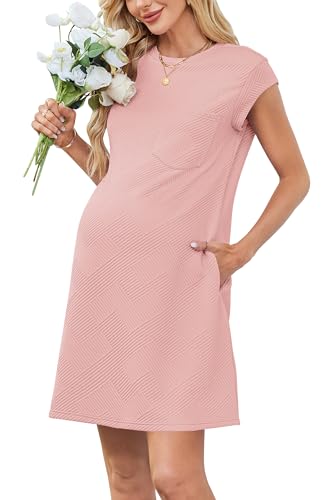 OUGES Womens 2026 Spring/Summer Maternity Clothes Dress for Baby Shower Photoshoot Short Cap Sleeve Crew Neck Casual Loose Basic Holiday T Shirt Mini Dresses for Women with Pockets(Deep Pink,L)