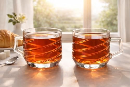 Image of IndusBay Pack of 2, Clear Glass Tea Cup 210 ML | Transparent Glass Mug with Handle | Elegant Spiral Design | Ideal for Tea, Coffee & Green Tea