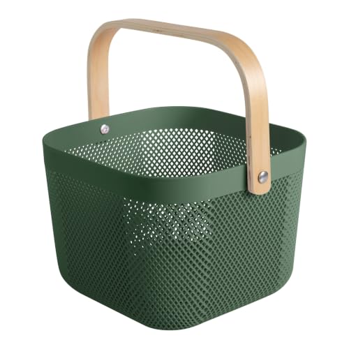 Simplify Small Mesh Storage Basket with Wooden Handle | Forest Green Color | Plastic Organizer Bin | Pantry Organization | Cabinet Storage