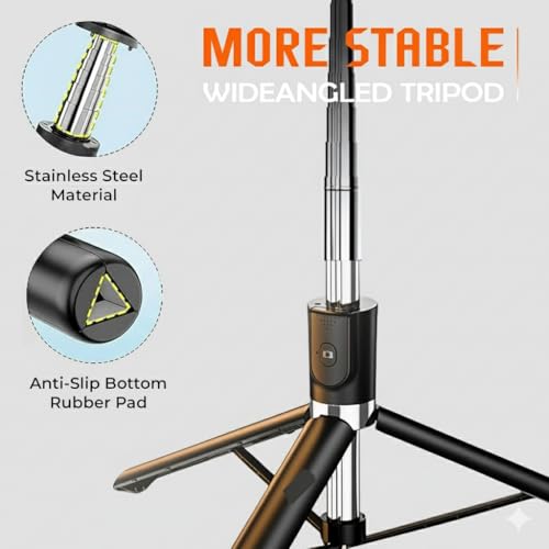 Image of KUBA Selfie Stick Tripod with Light, 67 inch 170CM Tripod for Mobile Phone, Multi Functional Bluetooth Long Selfie Stick for Travel Vlogging Compatible with iPhone and All Smartphones (Black)