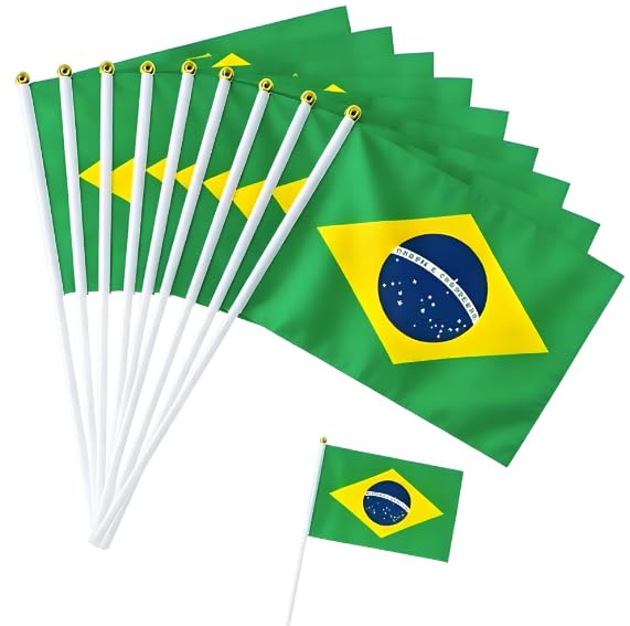 10Pcs Small Brazil Flags on Sticks for Fifa World Cup Football 2026 Decoration, 14X21cm Mini Brazilian Flag, Hand Waving Flag for Carnival Games Sports Football Events Party Outdoor Decorations