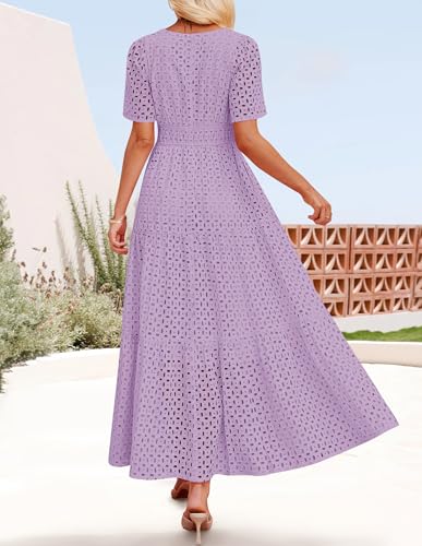 Image of ZESICA Women's 2026 Summer Short Sleeve Maxi Dress Casual V Neck Hollow Out Eyelet Ruffle Swing A Line Long Dresses