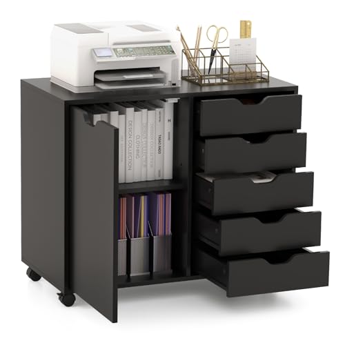 KOMFOTTEU Armoire de Document avec 5 Tiroirs, Caisson de Rangement Mobile avec Armoire à Porte,...