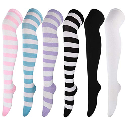 Image of DRESHOW 6 Pairs High Thigh Socks Striped Over Knee Thin Tights Long Stocking for Women Leg Warmer