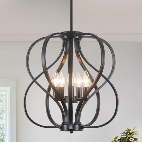 18.5 inch Modern Farmhouse Chandelier for Dining Room, 5-Light Black Chandelier with Metal Cage...