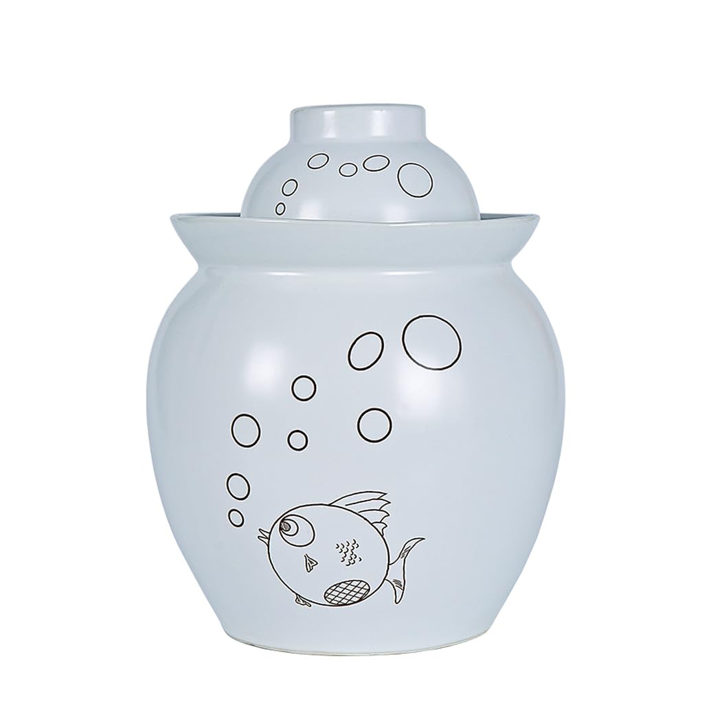 Chinesische Keramikfanzalglas mit Fermentationsdeckel, fermentierender Crock mit Wasserversiegelungslöschdeck White-7L