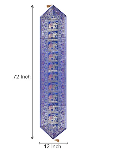 Image of Banarasi Brocade Zari Silk Table Runner Dinning & Centre Table Runner 177 By 30 CM (Blue, Elephant)