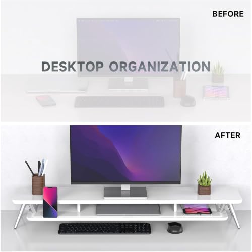 Image of Fenge Dual Monitor Stand, Monitor Stands Riser for 2 monitors, 42.5 Inch Wood Desk Shelf with Storage Organizer and Cable Management for Office Desk Accessories