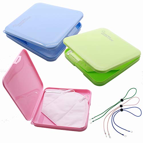 3 Pack Mask Storage Case, Portable Mask Storage Box, Masks Storage Bag Containers Plastic Face Cover Box, 3 Pcs Colorful Adjustable Mask Lanyard Blue Pink Green