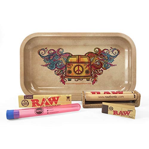 Bundle - 5 Items - Raw King Size Slim Rolling Papers, 110mm Roller, Tips with Rolling Paper Depot Rolling Tray (Hippie Van) and Rolling Paper Depot Kewltube
