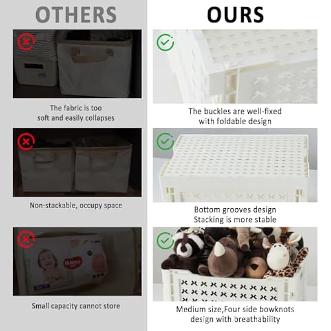 Stackable Plastic Closet Storage Basket, 2 Pack Foldable Closet Organizers and Storage Bins, Decorative Basket for Closet, Shelves, Laundry, Wardrobe Organizing (Pearl White)