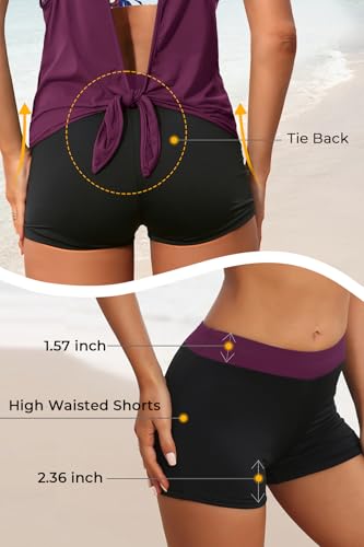 Image of 3 Piece Swimsuits Open Tie Back Tankini Top And Athletic Swim Shorts | Supportive Strappy Swim Bra, Adjustable Straps, Removable Pads, Tummy Control Boyshorts, Quick Dry Fabric, XXS-20 Plus