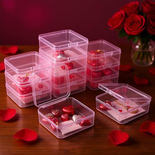 Image of 12 Pieces Square Empty Mini Clear Plastic Storage Box, 3.74x3.74x1.38 inch | Hinged Lids, For Small Items, Craft Projects