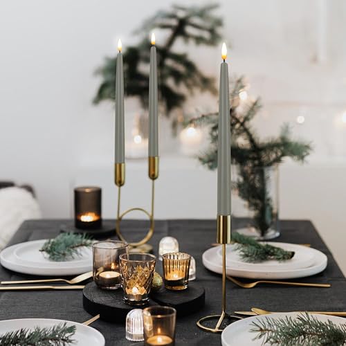 Image of CVHOMEDECO. Flameless Taper Candles with 10-Key Remote, Battery Operated Led Flickering 3D Wick Window Candles Real Wax Finished Home Christmas Party Decor 0.78 x 11 Inch, Pack of 3, Grey