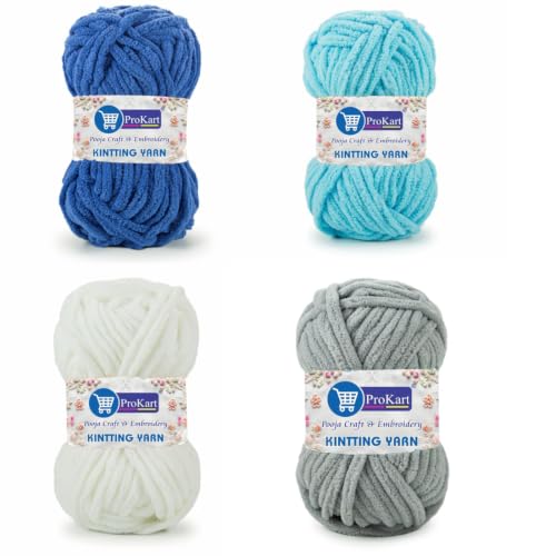 Image of ProKart - Blankie Plush & Cuddly Chenille Yarn for Knitting | Super Soft Velvet Pastel Yarn for Blankets, Baby Toys & DIY Crafts | 100g, Pack of 4 (Royal Blue, Sky Blue, Pure White, Silver)