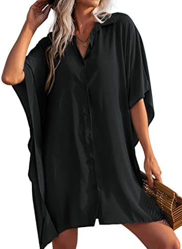AI'MAGE Strandjurk voor dames, ruim, strandshirt, losse zomerbikini cover-up met zakken, strandponcho, S-XXL, wit, M
