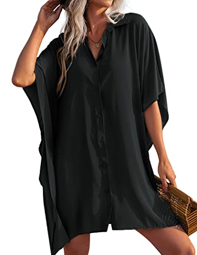 AI'MAGE Damen Strandkleid Bikini Cover Up Strandbluse Sommer V-Ausschnitt Bademode Strand Vertuschen Shirt Schwarz L