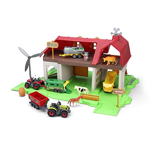 Oriate Toy Barn Farm House With Tiny Farm Animals, Included 2 Tractors & 4 Trailer - Farm Barn Toys Playset For Kid 3-8 Children Birthday Toy #TOP1