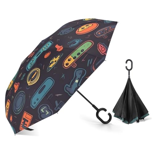 LQWOK Car Reverse Umbrella, Video Pattern Printed Reverse Umbrella,windproof Double-layer Folding Reverse Umbrella