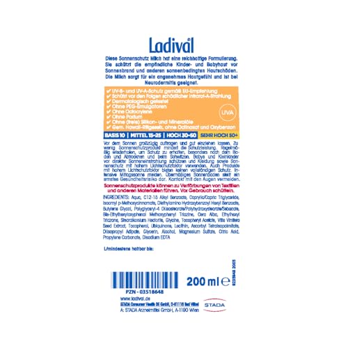 Ladival Kinder Sonnenmilch LSF 50+ – Parfümfreie Sonnenschutzlotion für Kinder – ohne Farb- und Konservierungsstoffe – wasserfest – 1 x 200 ml