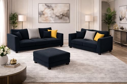 Image of SOCOZI Trevano 3+2 Seater Fabric Sofa Set with Ottoman | Soft Velvet Suede Upholstery | Modern Living Room Furniture (Black-Light Grey)