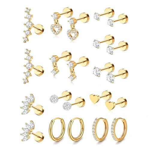 Image of SANNIDHI Earrings Set for Women Rhinestone Hoops Earring Hypoallergenic Hearts-shaped Flat Back Stud Earring Stainless Steel Cartilage Earrings Combo for Multiple Piercing