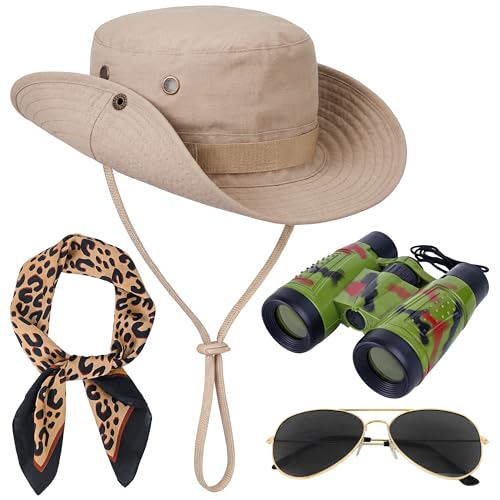 Horolam Safari Kostüm Zubehör Safari Kleidung Damen mit Safari Hut Fernglas Sonnenbrille Teleskop Halstuch für Frauen Halloween Cosplay Karneval (4 Stück)