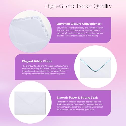 50PACK 5x7 Envelopes for Invitations, White A7 Envelopes for Wedding, Graduation, RSVP Cards, Gummed V Flag 5 1/4 x 7 1/4 inch image 1