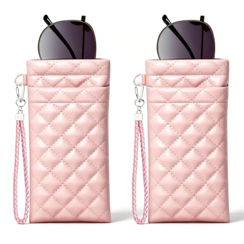 Image of Double Eyeglass Case Squeeze Top Glasses Pouch, Leather Soft Sunglasses Case with Carrying Strap