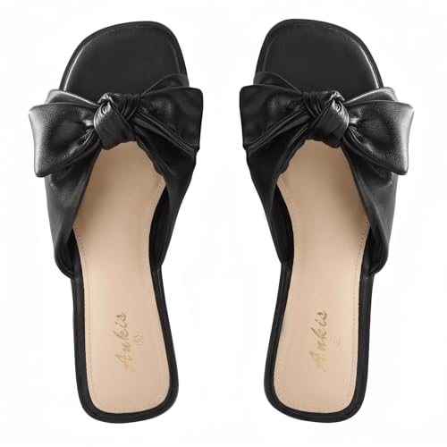 Ankis Black Sandals Womens Bow Flat Sandals Dressy - Cute Summer Beach Sandals for Women 2026, Square Open Toe Comfortable Slip On Slide Sandals Bride Wedding Bridal Dress Shoes Slippers
