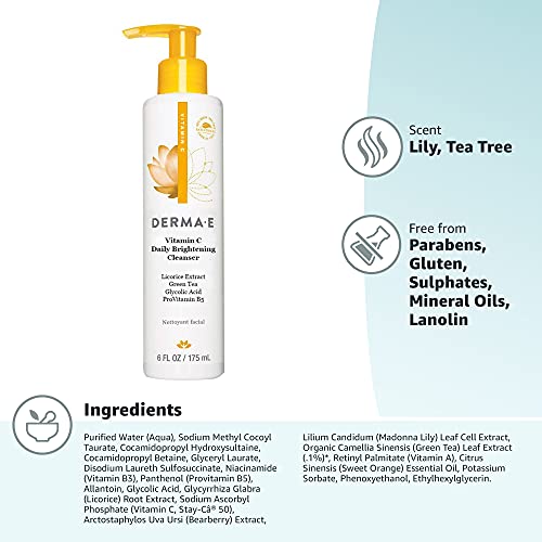 Derma-E Vitamin C Cleanser - Daily Brightening Cleanser – Hydrating Face Wash To Even Out Skin Tone – Moisturizing Face Cleanser For A Radiant Glow, 6 Fl Oz #TOP7
