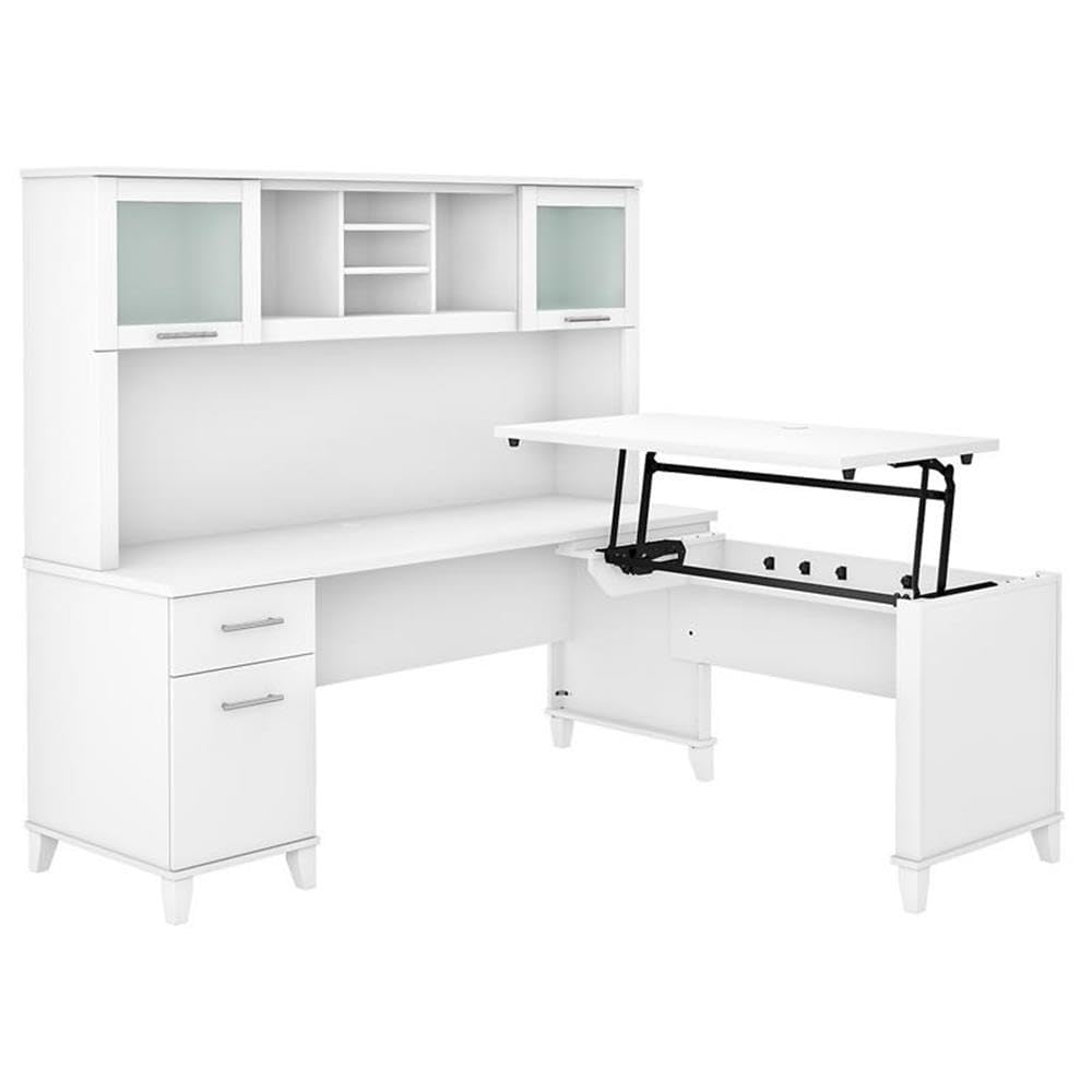 Bush Furniture Trent Home 72" W Sit to Stand L Engineered Wood Desk with Hutch in White