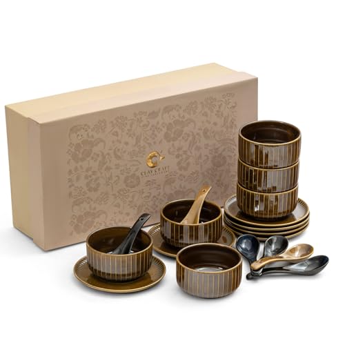 Image of Clay Craft Fine Ceramic 18-Piece Soup Bowl Set | 6 Soup Bowls, 6 Spoons & 6 Under Plates | Striped Glossy Design | 350 Ml | Microwave & Dishwasher Safe | for Serving Soup & Snacks | Golden Brown