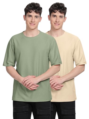 Image of BULLMER Trendy Textured Half Sleeve Oversized Hexagon Waffle Crew Neck Tshirt for Men-Pack of 2