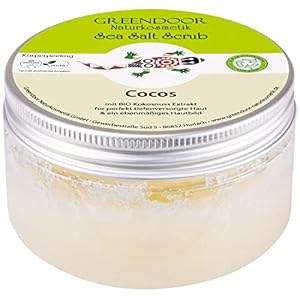 GREENDOOR Körperpeeling Meersalz Cocos, natürliches Salz-Peeling ohne Mikroplastik mit Bio Kokos, 280g Duschpeeling Naturkosmetik, Body Scrub Damen, Körper-Peeling Sauna-Salz
